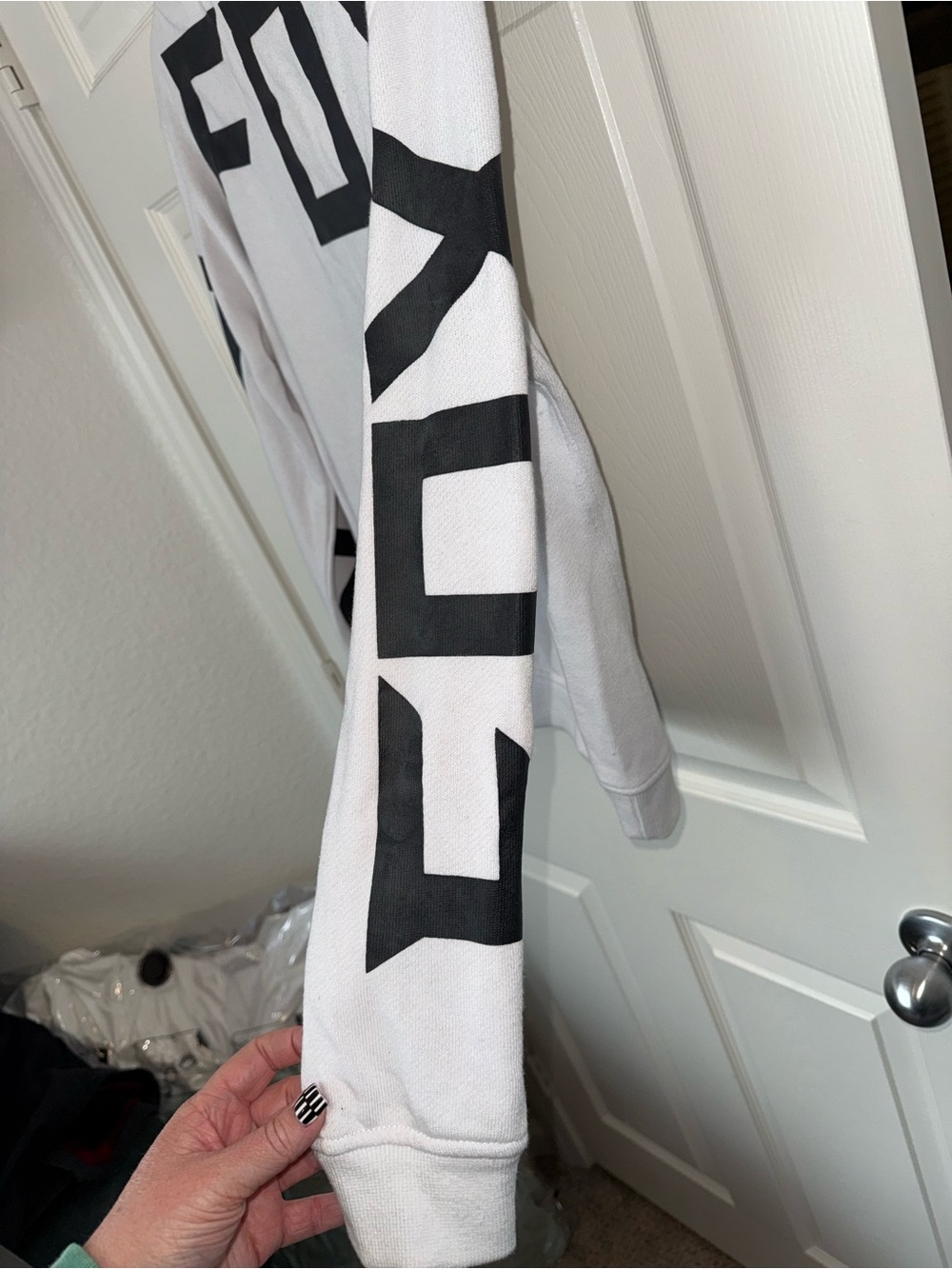 Fox White Crewneck Sweater with Black Sleeve Graphics - Picture 4 of 6